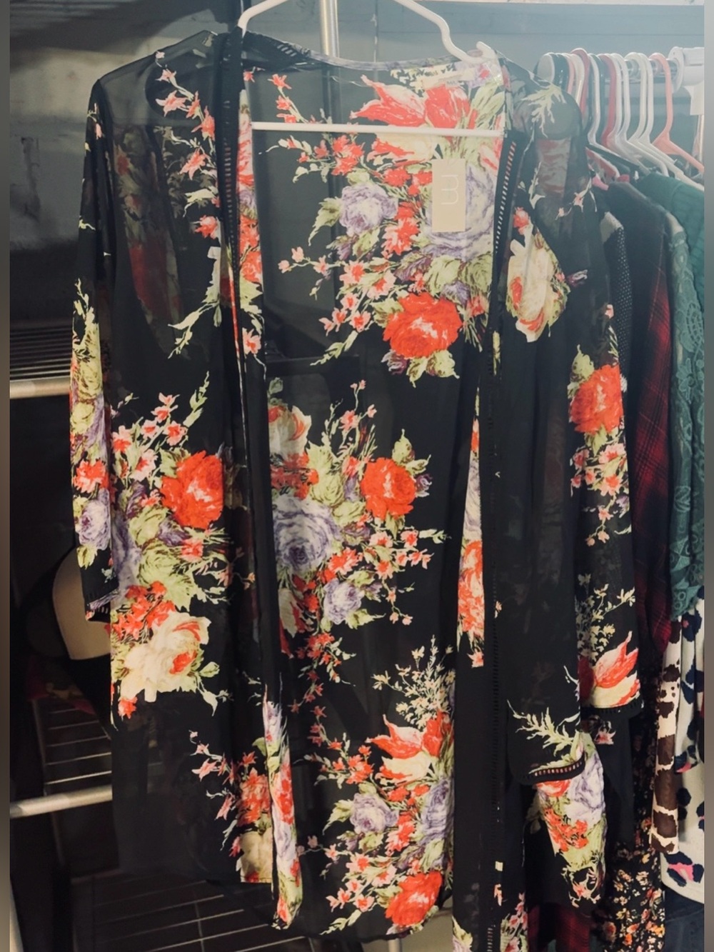 Maurices Black Sheer Floral Kimono with Red and Purple Blooms